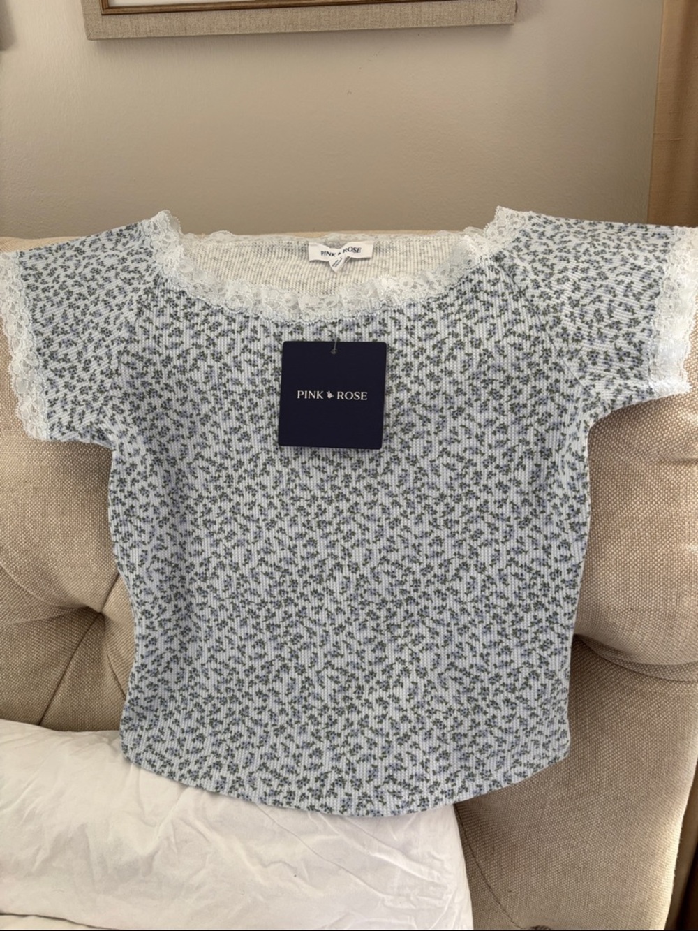 Pink Rose Blue Floral Knit Top with Lace Trim